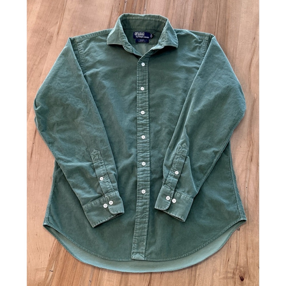 Polo Ralph Lauren Corduroy Shirt Mens Large 16 Regent Classic Fit Green Y2K